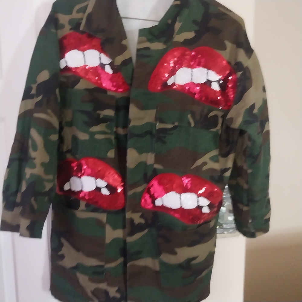 Adult Camouflage Jacket with Red Sequin Lips
